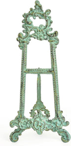 Sungmor Vintage Cast Iron Cookbook Stand, Small Ornate Easel Fleur De Lis Stand, 15.5" Tall Antique Green Table Top Display Holder for Recipe Book, Picture Frame, Plate, Home Kitchen Decor