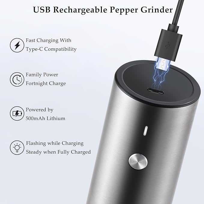 Electric Salt and Pepper Grinder, USB Rechargeable, Automatic Salt and Pepper Shaker, Adjustable Coarseness, Electric Pepper Mill, LED Light, Refillable, Kitchen Gadget (1-Pack, Stainless Steel)