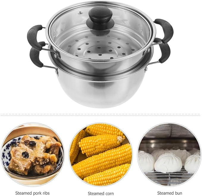 PRETYZOOM Stainless Steel Steamer Pot 9 Inch with Lid Multi-Use Cooking Steamer for Vegetables Seafood Soup Kitchen Cookware