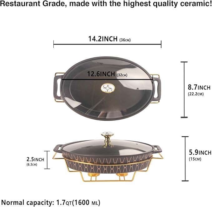 12" x 8" Ceramic Oval Casserole Dish with Glass Lid and rack, 1.7 Quart Serving Soup Tureen,Chafing Dish for Buffet, Family Food preserve Tray, Catering Casserole for Party Style, Black