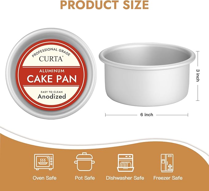 CURTA 6 Inch Round Cake Pan, 6x3 inch 3 Set Anodized Aluminum Round Baking Pan, Small Cake Pan Non-Toxic & Heavy Duty, Deep Side, Easy Clean & Dishwasher Safe