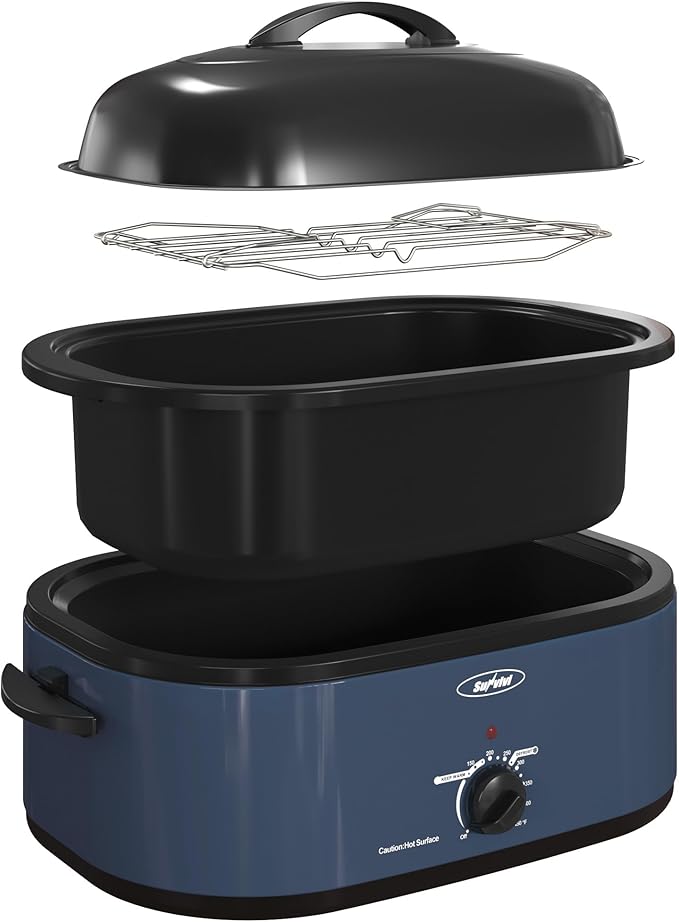 Royalcraft Roaster Oven with Self-Basting Lid, 18qt Electric Roaster with Removable Pan & Rack, Turkey Roaster Oven with Defrost & Warm Function, Stainless Steel, Blue