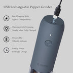 Electric Pepper Grinder, USB Rechargeable, Automatic Pepper Shaker, Adjustable Coarseness, Electric Pepper Mill, LED Light, Refillable, Kitchen Gadget (1-Pack, Blue-Grey)