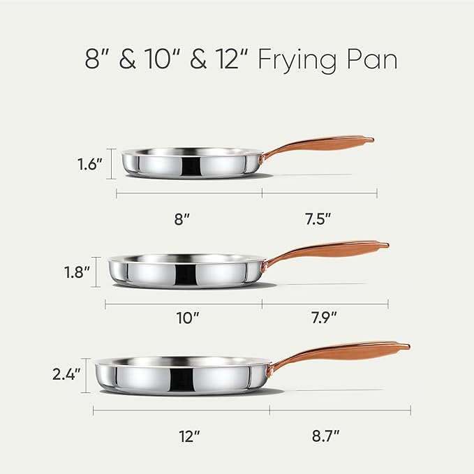 CAROTE 8"+10" +12" Stainless Steel Frying Pan Set, Non-Toxic PTFE & PFOA Free Fry Pan & Omelet Pan, Oven Safe, Compatible with Induction, Ceramic, Gas Cooktops, Silver