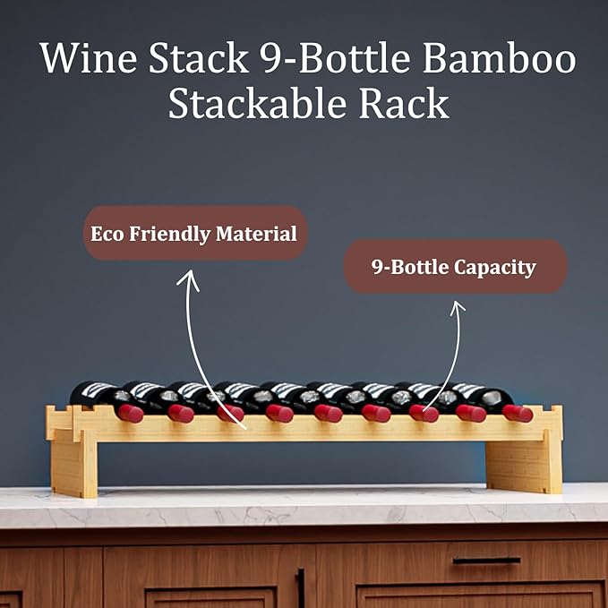 9 Bottle Bamboo Stackable Small Wine Rack for Countertop, No Tools Assembly, Durable, Wine and Liquor Bottle Storage for Small Spaces