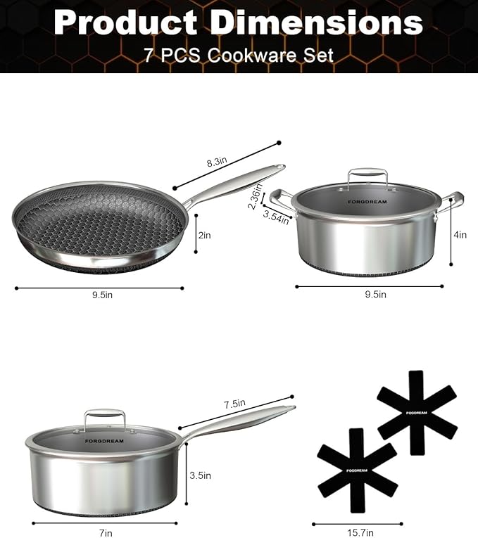FogDream 7PCS Nonstick Cookware Set, 9.5" Fry Pan, 8 QT Soup Pot, 1.5 QT Sauce Pan with Tempered Glass Lids, Cool Handles, Dishwasher Safe, Induction Compatible for All Cooktops, Silver