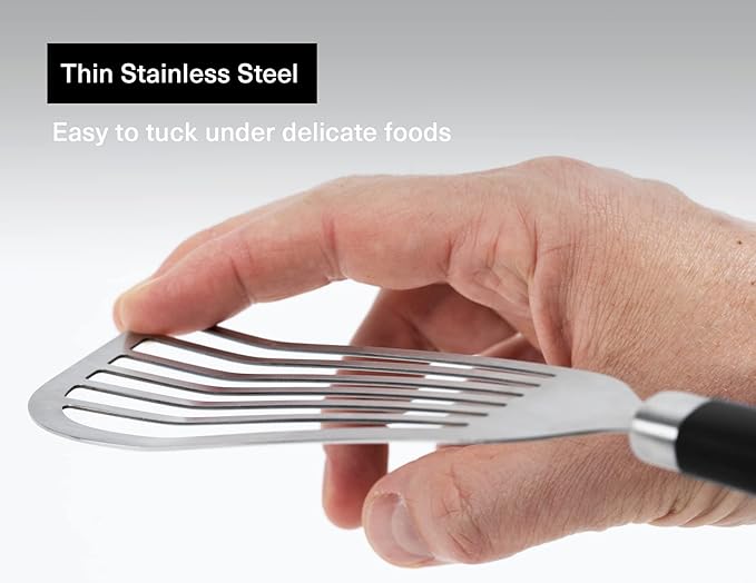 Misen Fish Stainless Steel Spatula - Slotted Turner for Cooking - Perfect for Frying - Heat Resistant - Dishwasher Safe -1mm Thick Flexible Flipper - Soft Silicone Grip Handle for Easy Use