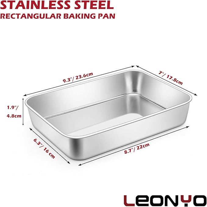 Leonyo Stainless Steel Baking Trays, 9.3 x 7 Inch Bakeware Cake Pan, Rectangle Lasagna Pan for Commercial Kitchen, Focaccia Bread, Casserole Dish - 2 Inch Deep