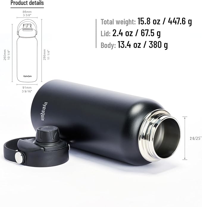 32oz Water Bottle with Comfort Grip Handle, HydroQuin Gym Water Bottle, Insulated Steel Water Bottle with Wide Mouth, No Straw