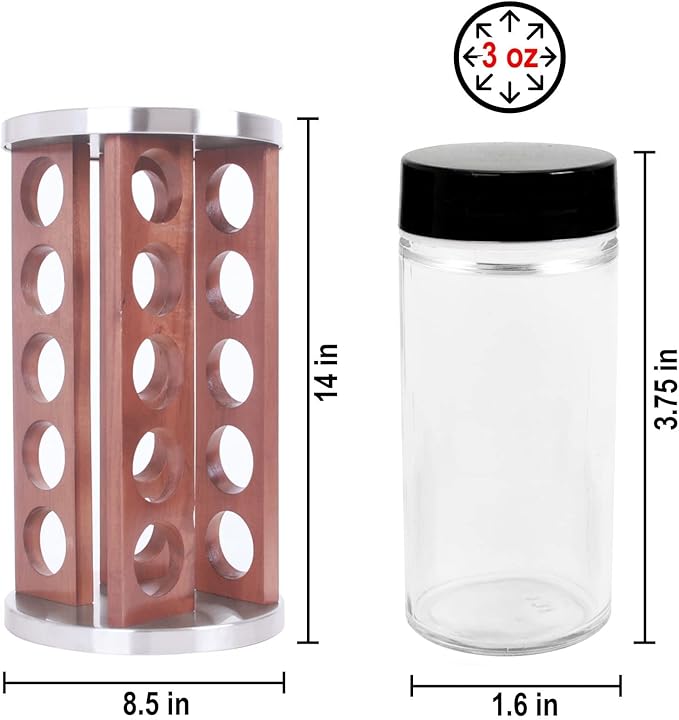 Orii Dark Acacia Wood Spice Rack with 20 EMPTY jars with Black Plastic Lids and FREE Stainless Steel Funnel & Labels
