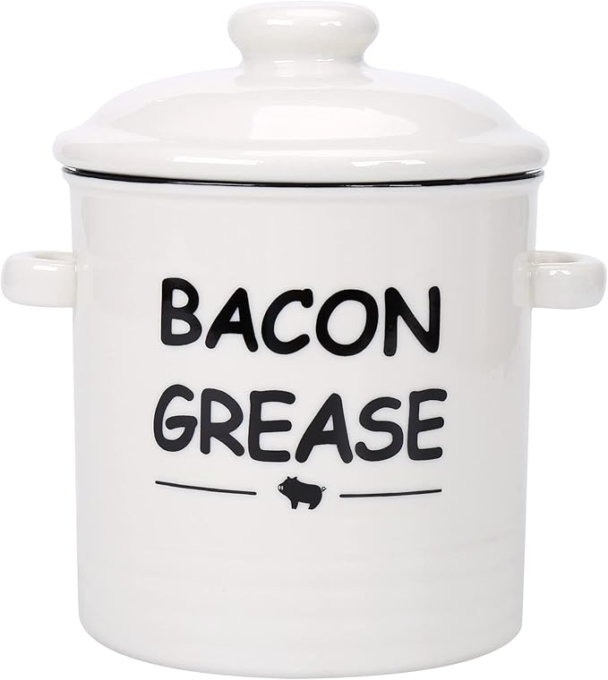 SOLIGT Ceramic Bacon Grease Container with Strainer - 600ml / 20oz Farmhouse Bacon Grease Keeper with Easy-Grip Handle, Bacon Fat Can for Grease Drippings and Storage - Creamy-white