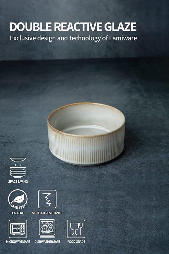 famiware Star Cereal Bowl Set, Soup Bowls Set of 6, Double Reactive Glaze, Stackable, 23 oz Deep Bowls Suitable for Cereal, Popcorn, Oatmeal, Dessert - Dishwasher and Microwave Safe, Cappuccino White