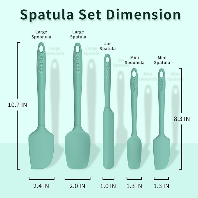 Coukre Silicone Spatula Set of 5,High Temperature Resistant, Food Grade Silicone, Dishwasher Safe, for Baking, Cooking (Pure Aqua Green)