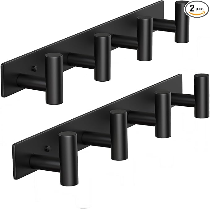 Coat Rack Wall Mounted with 4 Hooks, Wall Hooks for Hanging Towel Coat Hat Bag, Heavy Duty, Metal Hat Rack Coat Hanger Towel Hooks Coat Hooks for Entryway Bathroom Kitchen (Black, 2 Packs)