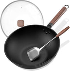 Carbon Steel Wok - Including Glass Cover and Steel Spatula, 13-Inch Woks & Stir-Fry Pans for Induction, Electric, Gas Stoves