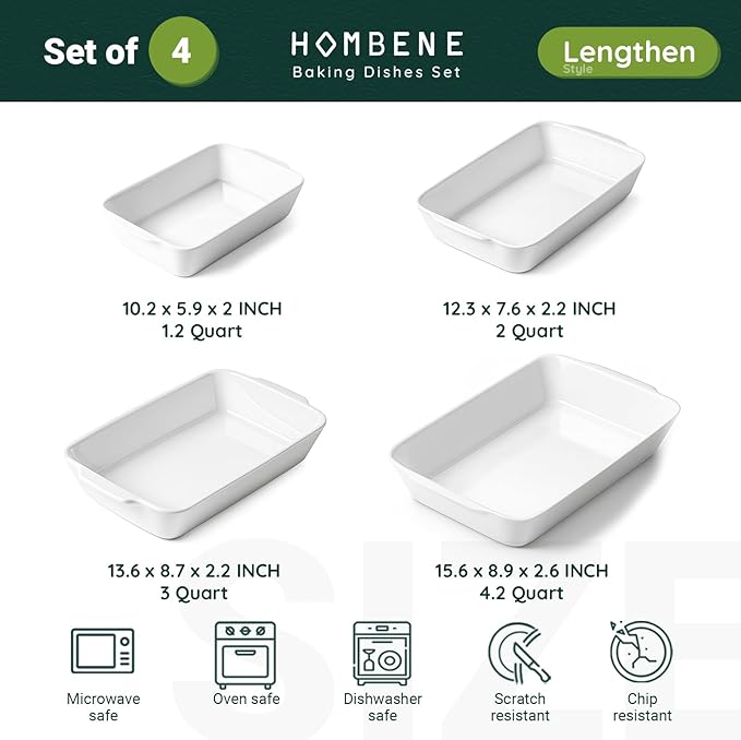 Baking Dish Set for 4, Ceramic Bakeware Sets with Handles, Casserole Dishes for Oven, Kitchen Decor, Microwave Oven Safe (1.2QT/2QT/3QT/4.2QT)