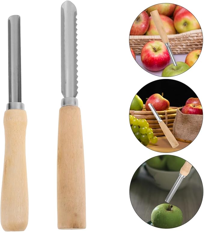 Cabilock 2pcs Corer and Pitter, Stainless Steel Fruit Corer with Wooden Handle, Serrated and Smooth Pitter for Apple, Pear, Peach