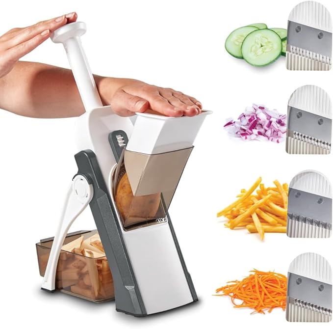 5-in-1 Safe Mandoline Slicer – Compact Foldable Vegetable & French Fry Cutter Mandoline Food Slicer Adjustable Thickness from 0.1 to 8mm for Kitchen, Ideal for Fruits, Vegetables, and Potatoes