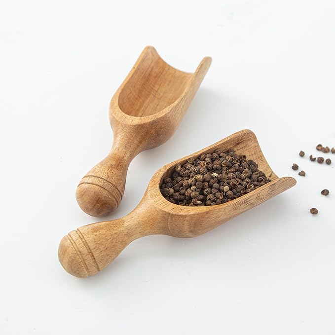 Wooden Scoops for Canisters 2PCS Wooden Flour Scoop for Jars Acacia Wood Scoop Coffee Scoops for Ground Coffee 4.9″Med-size Measuring Spoons Kitchen Scooper for Bath Salt & Laundry Multi-Purpose