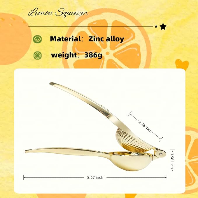 Lemon Squeezer, Heavy Duty Zinc Alloy Manual Lemon Juicer, High Yield Threaded Groove Small Oranges Limes Citrus Juicer Hand Press, Juice Maker for Cocktails Home Restaurant Kitchen Utensils(Gold)