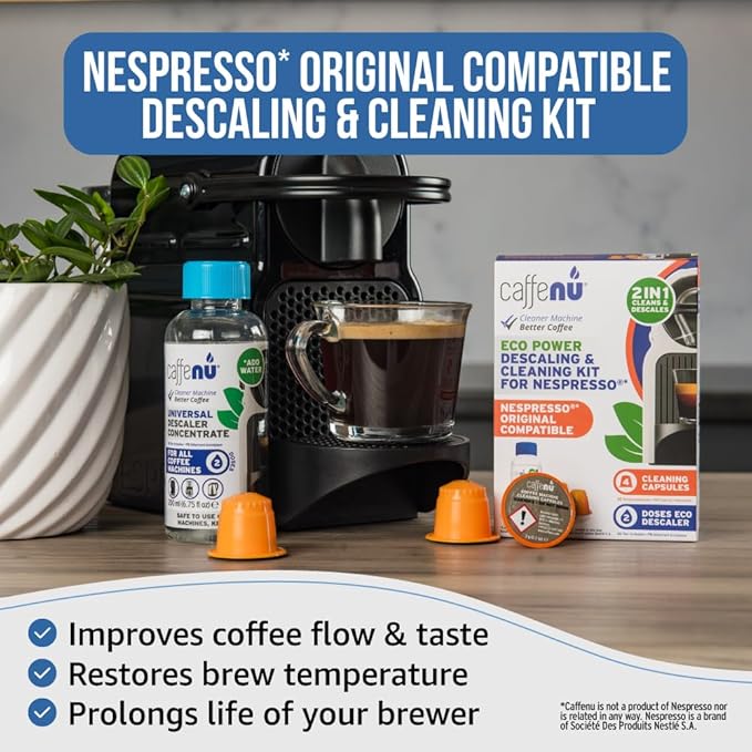 Nespresso Compatible Descaling Kit & Cleaning Pods. 2 Use Descaling Solution & 4 Cleaner Pods. Removes Limescale & Cleans Pod Area. Better Tasting, Hotter Coffee. Nespresso Originaline.