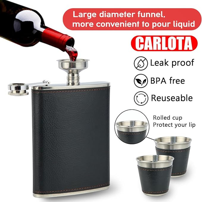 Hip Flask Gift Set, Hip Flasks for Liquor for Men with Black Leather Cover, 8 Oz Hip Flask Set, 18/8 Stainless Steel Hip Flasks for Liquor with 2 Cups & Funnel, Flasks for Liquor for Men Gift Box1