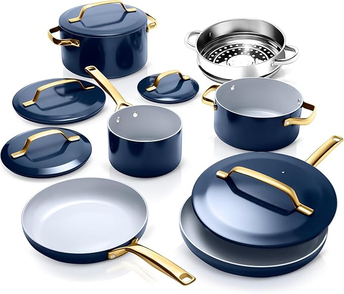 Gotham Steel Modern 11 Pc Ceramic Cookware Set, Elegantly Designed Pots and Pans Set Non Stick with Steamer, Induction Bottom, Premium Stay Cool Handles, Non Toxic PFOA Free, Oven & Dishwasher Safe