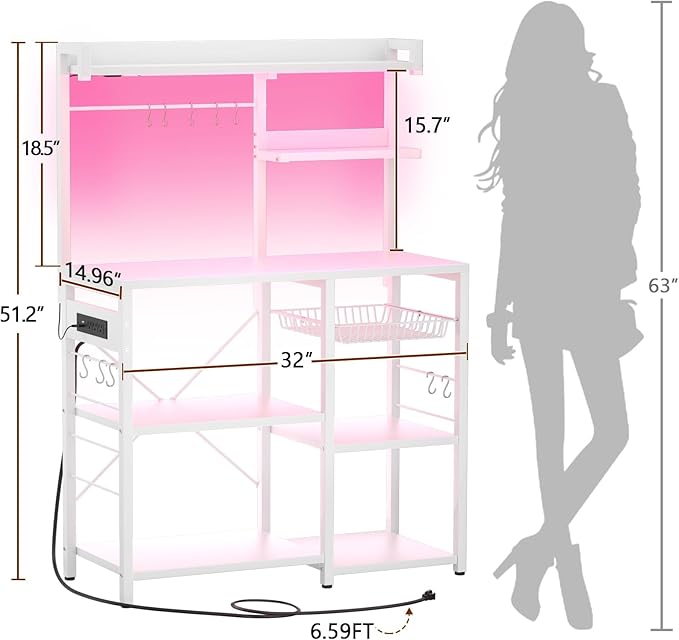 Aheaplus Bakers Rack with Power Outlet and LED Light Strings, Microwave Oven Stand Kitchen Storage Shelf with Wire Basket, Coffee Bar Station Island Table with 10 Hooks for Spices, Pots, Pans, White
