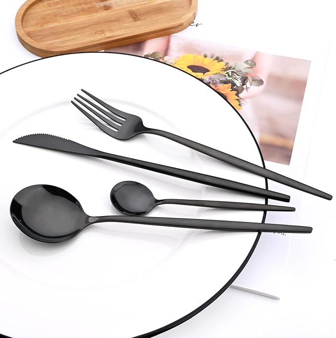 24-Piece Mirror Black Cutlery Set, Snplowum Stainless Steel Flatware Hanging Tableware Silverware Set Include Knife/Fork/Spoon/Teaspoon and Storage Rack For Daily Use, Service For 6
