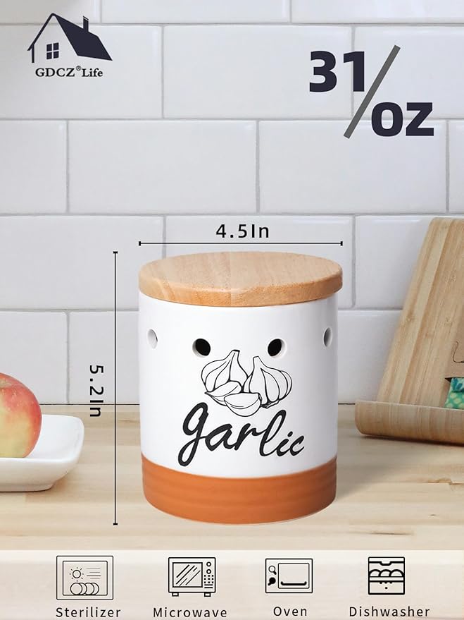 Large Garlic Keeper with Wood Lid, Ceramic Garlic Container for Counter,Garlic Saver to Keep Your Garlic Cloves Fresh Longer, 31 oz White/Brown
