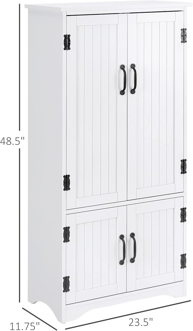 HOMCOM 48.5" Kitchen Pantry Cabinet with 2 Adjustable Shelves and 4 Beadboard Doors, Compact Farmhouse Kitchen Storage Cabinet for Dining Room, White