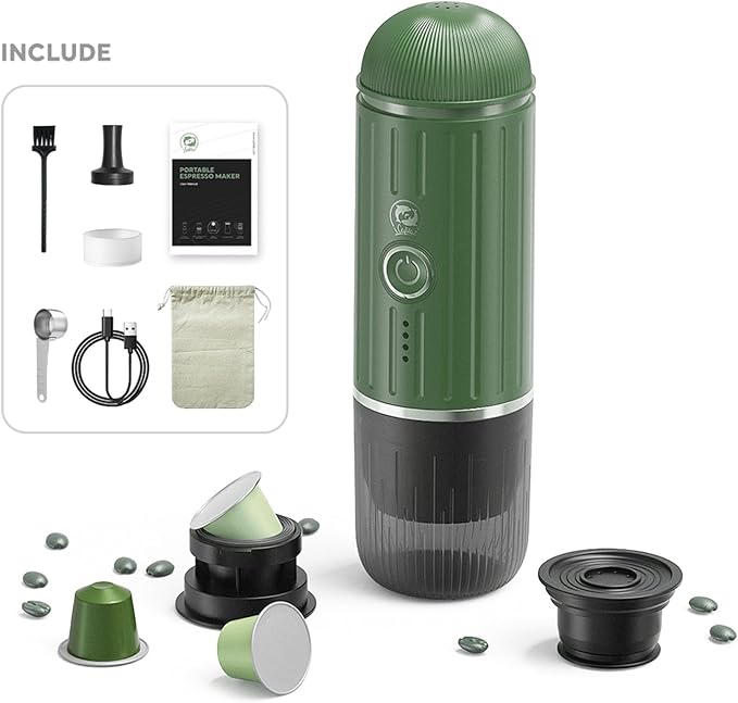 Portable Electric Espresso Machine, Travel Coffee Maker for Camping, Car Coffee Maker Self-Heating with USB-C, With Ground Coffee & NS Capsule for RV, Hiking, Office(Green)