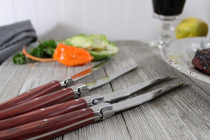 French Home Laguiole 4-Piece Steak Knife Set – Sophisticated Stainless Steel Dinner Knives with Pakkawood Handles & Iconic Bee Emblem – Serrated Knives for Smooth Cutting (9.25")