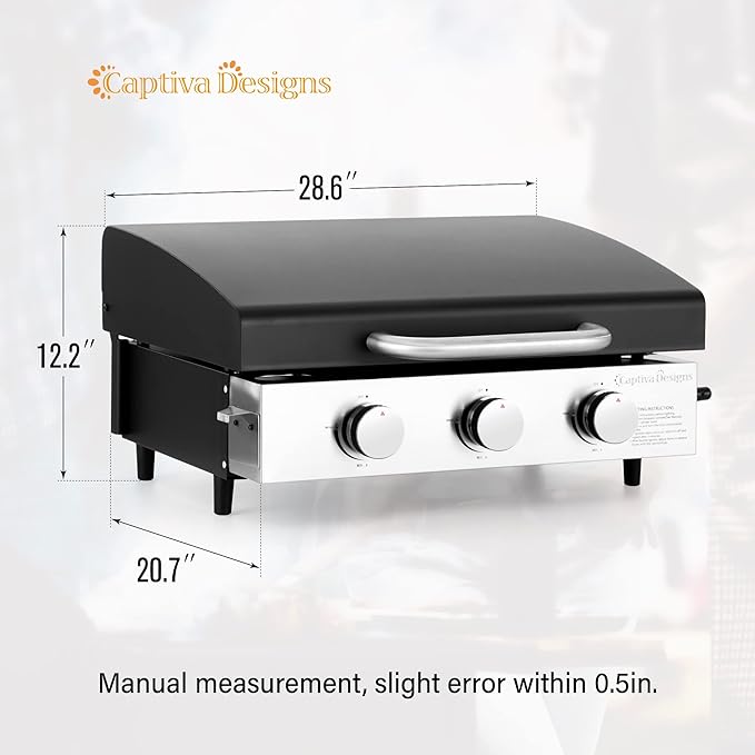 Captiva Designs 22 in Flat Top Grill with Ceramic Coated Cast Iron Pan, Portable Tabletop Propane Gas Griddle Grill for Camping, Outdoor & Tailgating Barbecue, 24,000 BTU Output, 3 Burners