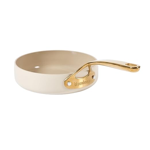 bloomhouse 8 Inch Heavy Duty Aluminum Premium PFA Free Ceramic Nonstick Saute/Deep Frying Pan Skillet - Almond Cream w/Gold Handle