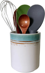 Medium Stoneware Kitchen Utensil Holder for Kitchen Counter Short Cooking Utensil Holder for Countertop Spatula Holder Small Utensil Crock Cutlery Holder Silverware Caddy Flower Vase (Green Field)