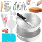 RFAQK 100PCs Aluminum Cake Pans Sets for Baking with 8-inch Aluminum Round Cake Pans Set of 2 - Cake Decorating Supplies Kit with 30 Parchment Papers, Piping Tips, Cake Leveler, and Spatula