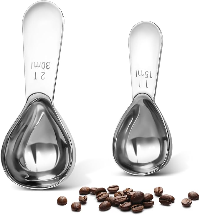 Coffee Scoop Set, Tablespoon Scoop 2 Pc Set (1 Tbsp & 2 Tbsp), Stainless Steel Measuring Spoons for Ground Coffee with Short Handles, for Tea, Sugar, or Flour