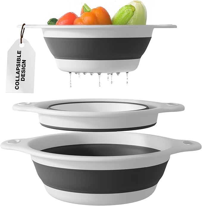 Collapsible Colanders (3 Pack Set) Food Strainers with Over-Sink Water Draining Base for Pasta Fruits and Vegetables, White (3 Sizes, 3QT, 4QT and 5 Quart)