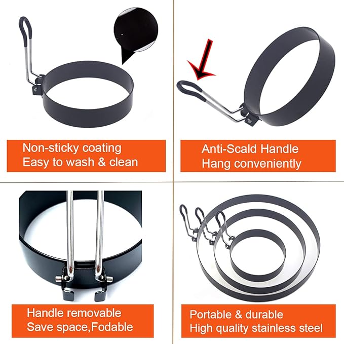 Pancake Ring for Griddle,2 Packs 6 Inch Egg Pancake Maker,Omelette Rings for Griddle,Non-stick Stainless Steel Crumpet Ring,Egg Muffin Rings Fried Egg Ring Pancake Shaper with Sinlicone Handle Grill