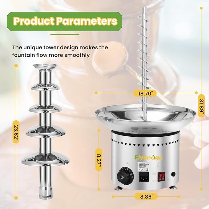 Commercial Chocolate Fountain 5 Layers 18Lbs Large Chocolate Fondue Tower Stainless Steel Hot Chocolate Waterfall for Nacho Cheese Knob Control