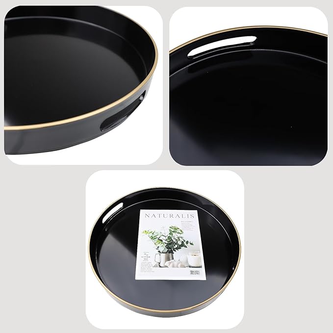 Black Round Decorative Tray with Handles, 13" Versatile Serving Tray for Coffee Table, Ottoman, Ideal for Serving, Displaying, Organizing