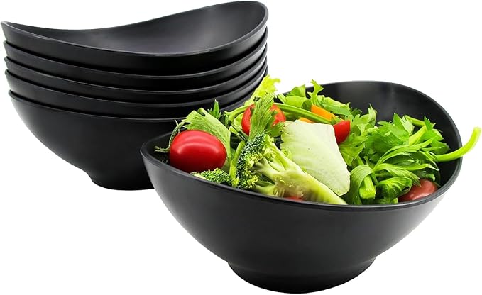 JOYMAY Oval Salad Bowls Set, 34oz Serving Bowls for Kitchen 8.8" Large Bowls for Soup, Oatmeal, Pasta, Snacks, Deep Soup Bowls Set for Salad, Fruit, Vegetable, Ramen, 6PC-Black