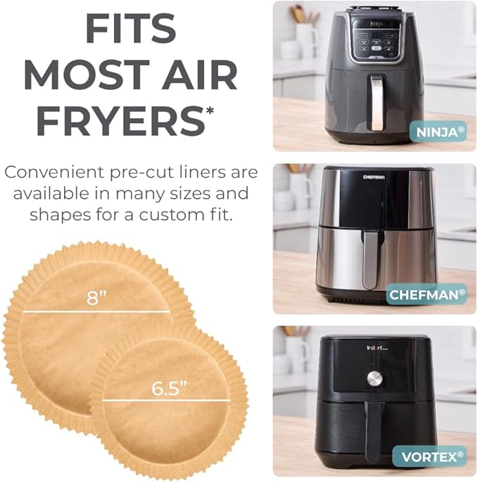 KITCHEN GENIE BPA-Free Air Fryer Liners Disposable, 100 PCS, Non-Stick Oil Proof Parchment Paper Sheets for Easy Clean Cooking, Fits 5-8 QT Basket, Microwave, Toaster Oven, Free of Bleach, 8 In Round