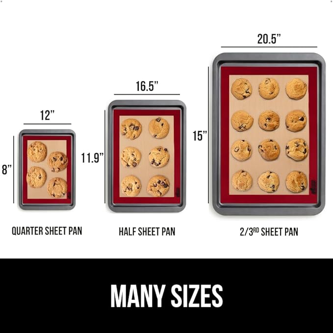 GORILLA GRIP Reusable Nonstick Silicone Baking Mat, 2 Pack, BPA-Free Oven Safe Food Liner, For Cookie Sheets, Toaster Ovens, Easy Clean Pastry Mats, Kitchen Essential, 11.75x8.25, Quarter Sheet, Red