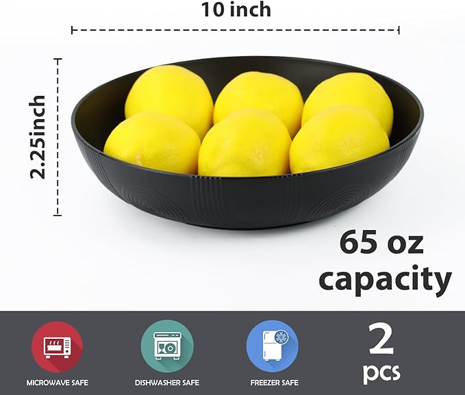 Large salad bowls,65oz Salad bowls set of 2,Unbreakable Plastic bowls Microwave & Dishwasher Safe Bowls,Wheat Straw Serving Bowls for Salad, Cereal, Fruit, Dishwasher Safe.Black