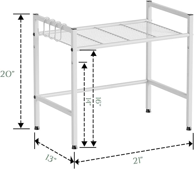 Microwave Stand Countertop, 2-Tier Adjustable Metal Oven Rack with 4 Hooks, Heavy Duty Carbon Steel Organizer Shelf for Microwave/Oven/Toaster, Kitchen Storage (White, 2-Tier)