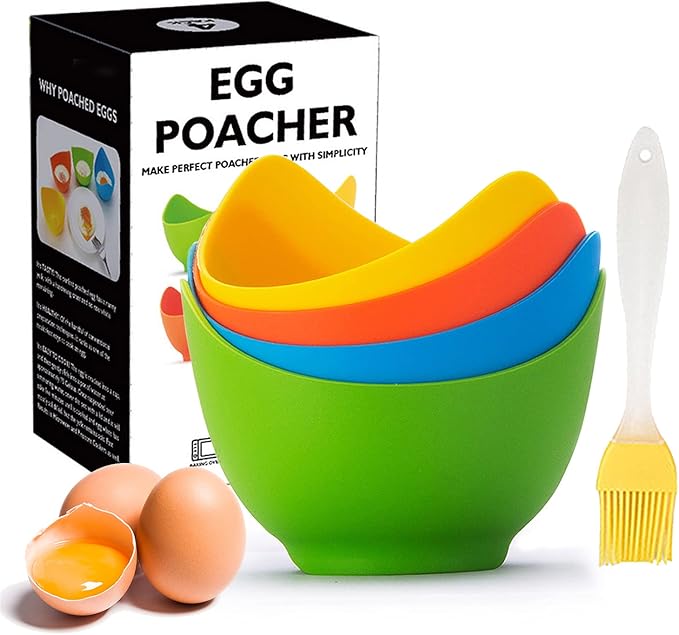 Egg Poacher - KRGMNHR Poached Egg Cooker with Ring Standers, Silicone Egg Poacher Cup for Microwave & Stovetop Egg Poaching, Oil Brush, BPA Free, 4 Pack