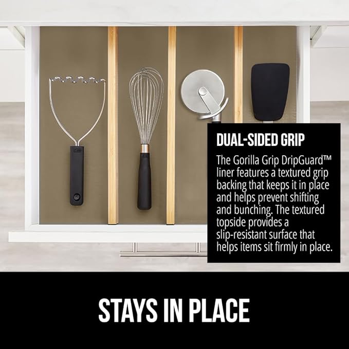 GORILLA GRIP DripGuard Drawer and Shelf Liner for Cabinet, Slip Resistant Non Adhesive Protection for Kitchen, BPA Free Smooth Surface Plastic Liners for Cabinets, Bathroom Drawers, 12x120 Inch, Beige