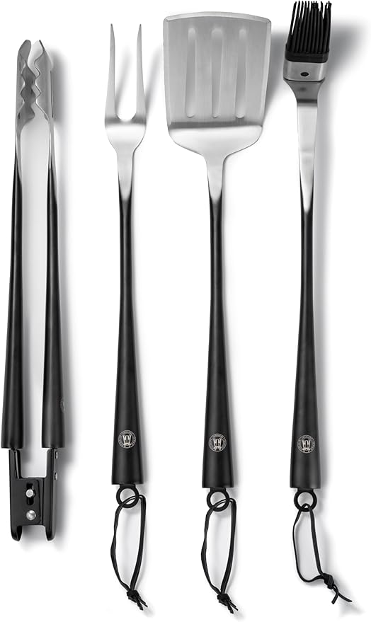 Schmidt Brothers - BBQ Carbon 6, 4-Piece Grilling Accessory Set, Full-Forged Stainless Steel Grilling Utensils Including Spatula, Fork, Basting Brush, and Tongs with All Wood Handles